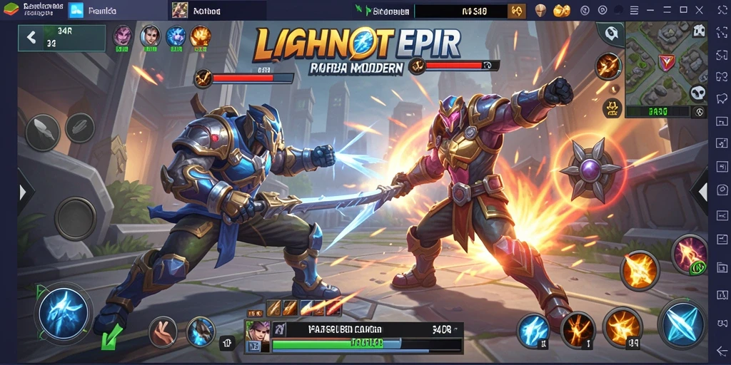 Tangkapan layar utama 34R yang menampilkan aksi gameplay MOBA yang intens.