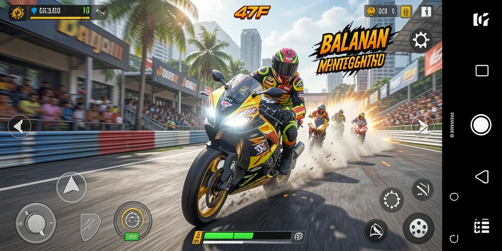 Tampilan gameplay 47F yang seru dan menegangkan dalam balapan motor.