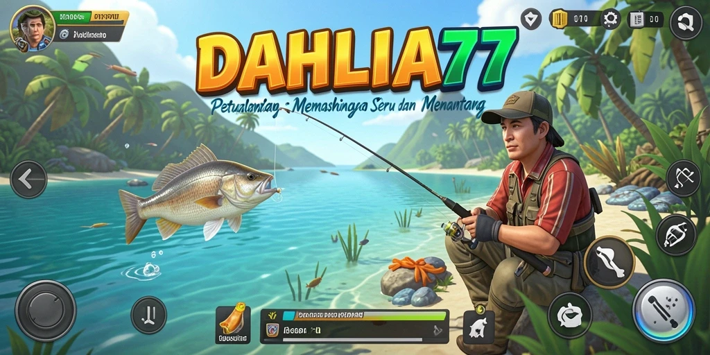 Screenshot DAHLIA77 menampilkan gameplay seru saat memancing di danau yang indah.