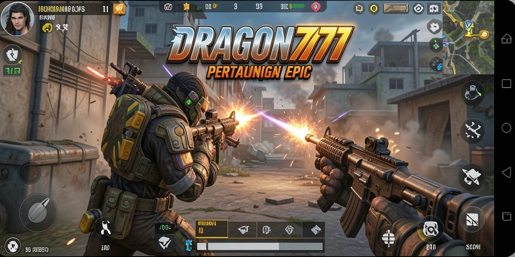 Screenshot tampilan gameplay menegangkan DRAGON777 dengan aksi tembak-menembak.