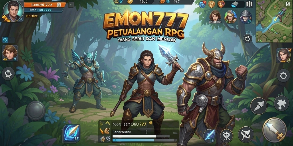 Tangkapan layar utama EMON777 menunjukkan aksi pertempuran RPG yang mendebarkan.
