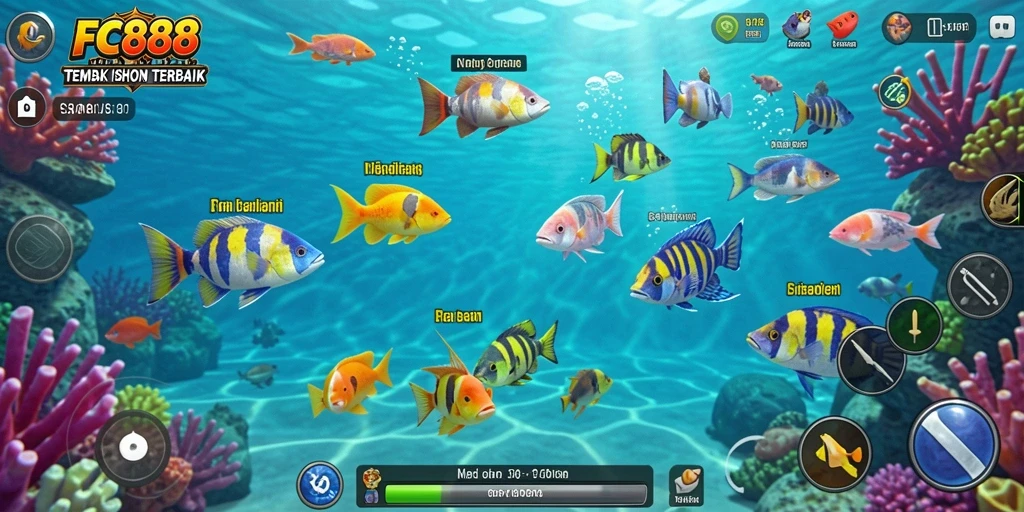 Screenshot FC888 menampilkan aksi seru dalam permainan Tembak Ikan.