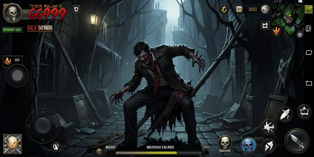 Screenshot utama GG999 menampilkan gameplay menegangkan di lingkungan yang mencekam.