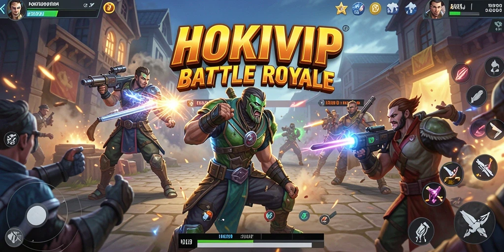 Screenshot gameplay HOKIVIP menampilkan aksi pertempuran Battle Royale yang mendebarkan.