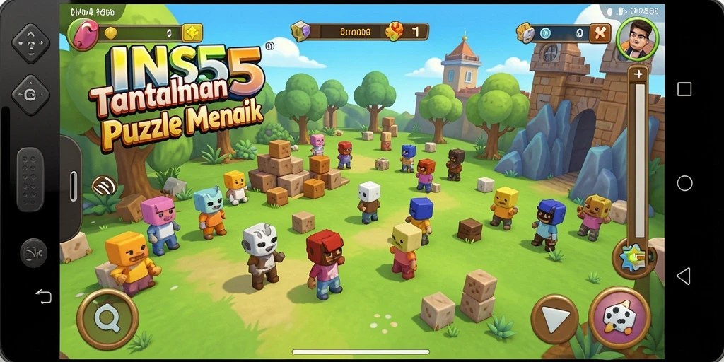 Tampilan gameplay menakjubkan dalam INS55 dengan puzzle yang penuh warna.
