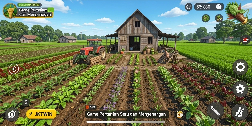 Gameplay JKTWIN dengan kebun yang subur dan tanaman yang berkembang.