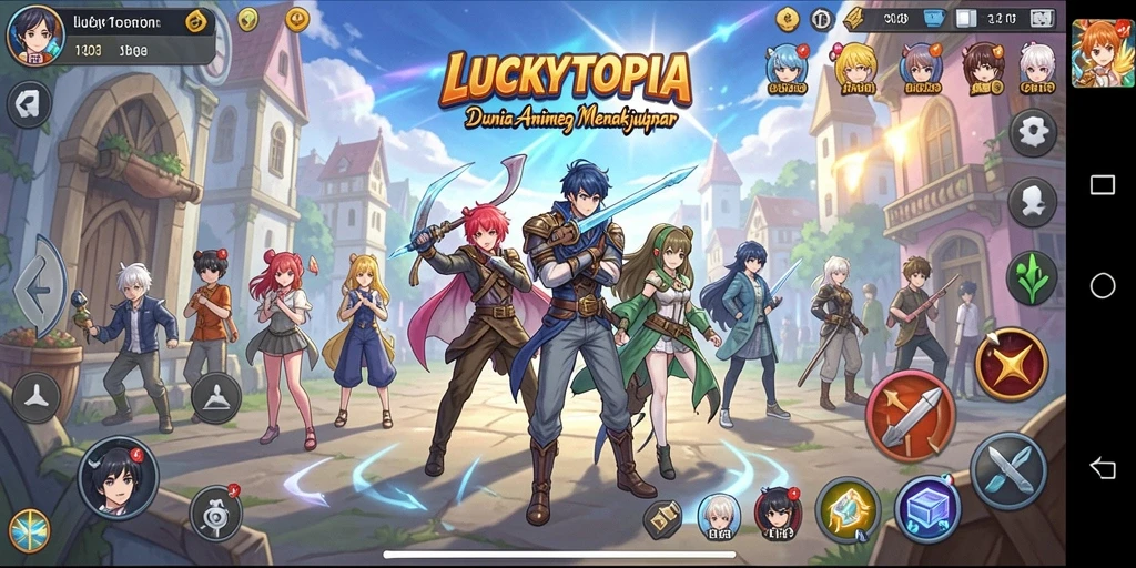 Screenshot gameplay LUCKYTOPIA menampilkan karakter anime beraksi dalam pertempuran yang seru.