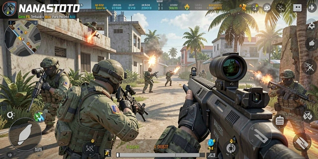 Tampilan gameplay NANASTOTO yang mendebarkan dengan aksi tembak-menembak.