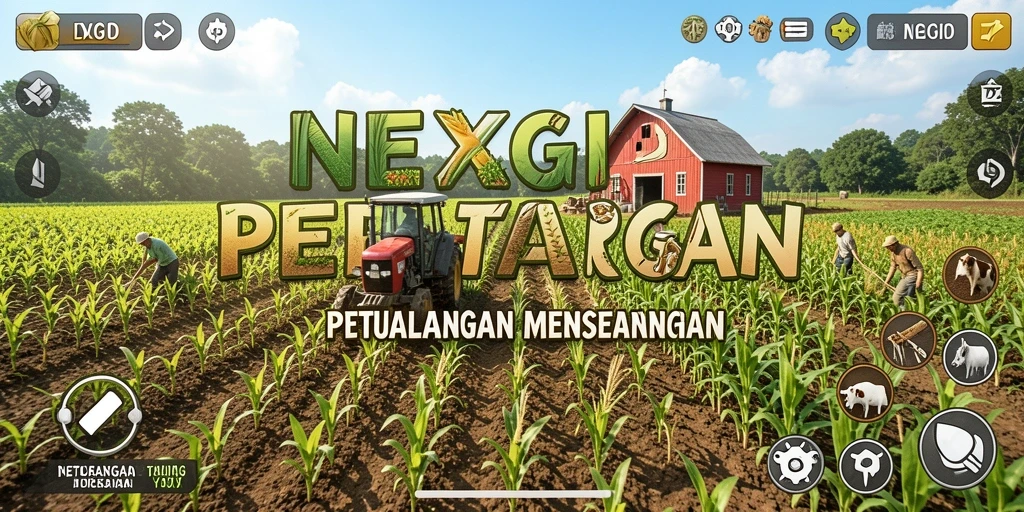 Gameplay NEXGID menampilkan ladang yang subur dengan berbagai tanaman.