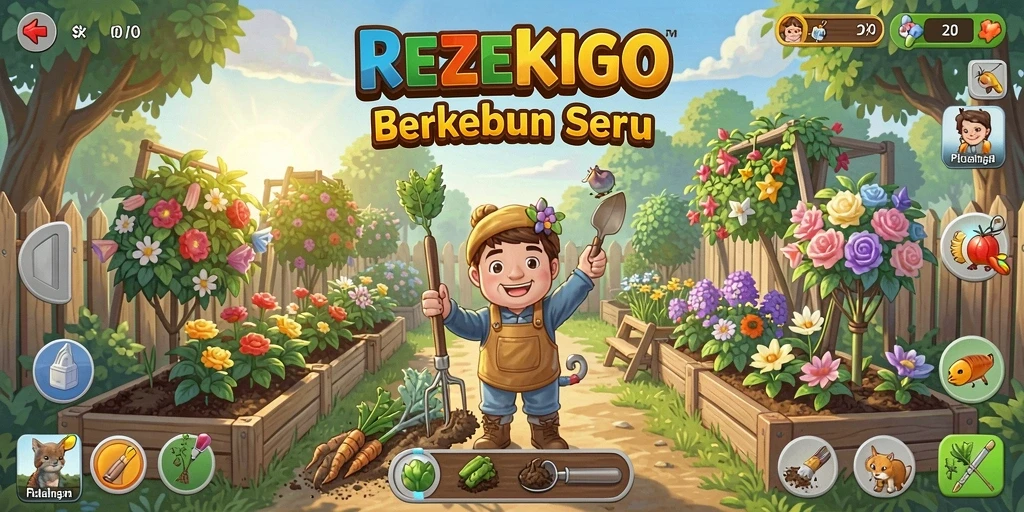 Tampilan gameplay menarik dengan tanaman subur dan kebun yang megah.