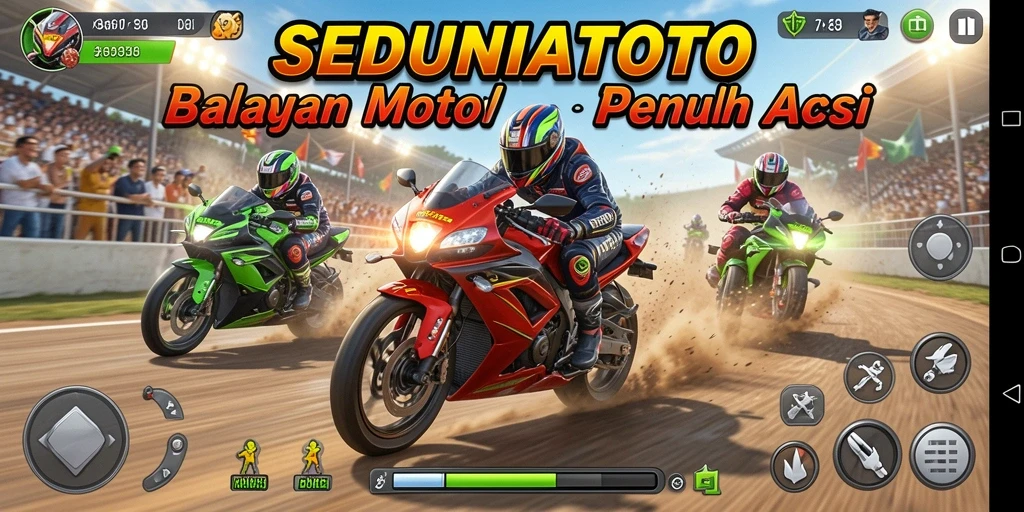 Gameplay seru SEDUNIATOTO dengan balapan motor yang menantang.