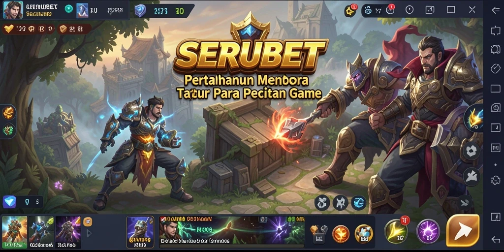 Screenshot SERUBET menampilkan pertarungan menara melawan gelombang musuh.